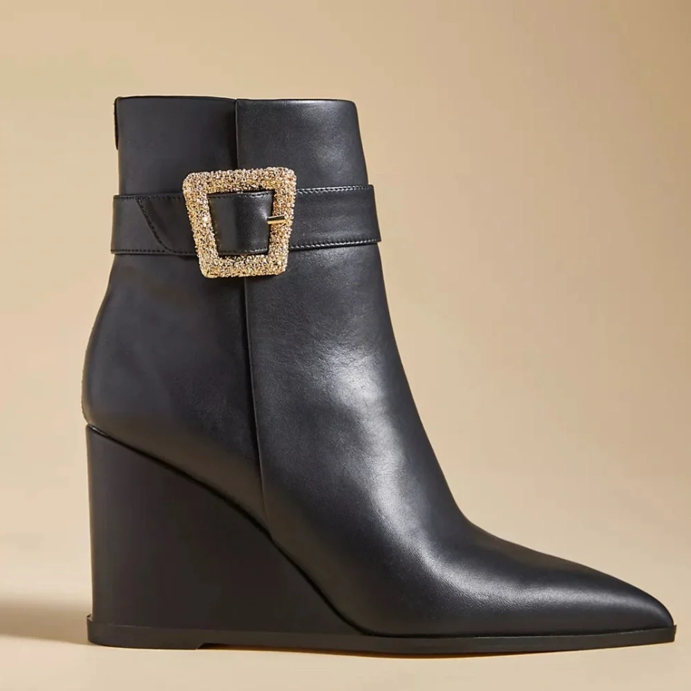 Sam Edelman Black Ankle Boots with Gold Buckle - Picture 4 of 13